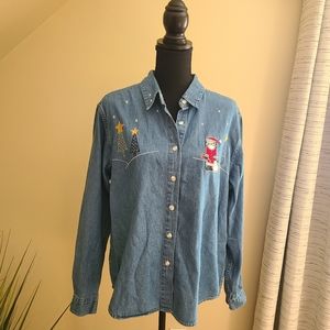 🎄Vintage Christmas Embroidered Button Down Denim Shirt Size Large